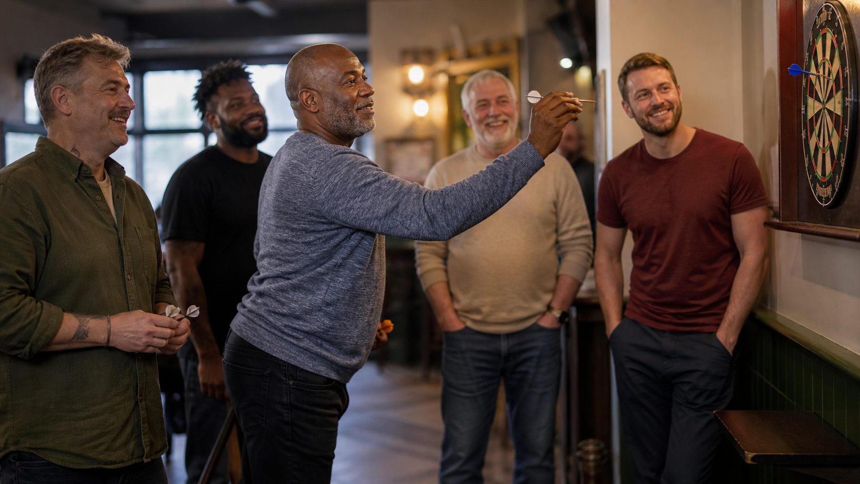 Men playing darts at a relaxed community event