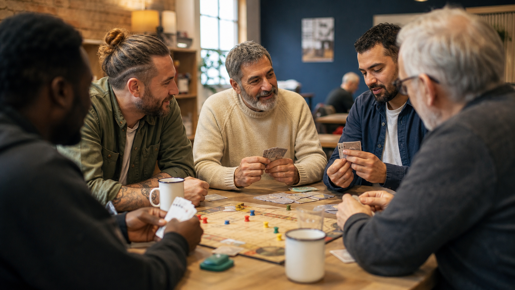 Men playing cards and board games at a relaxed community table