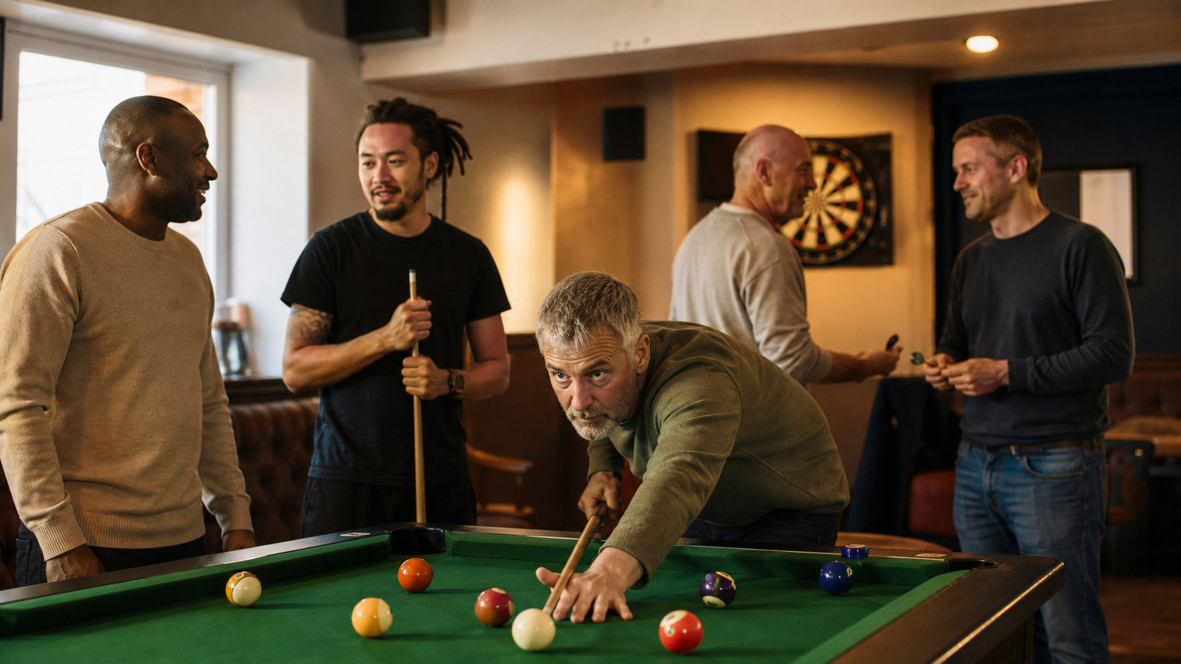 Men playing pool and darts at a relaxed community event