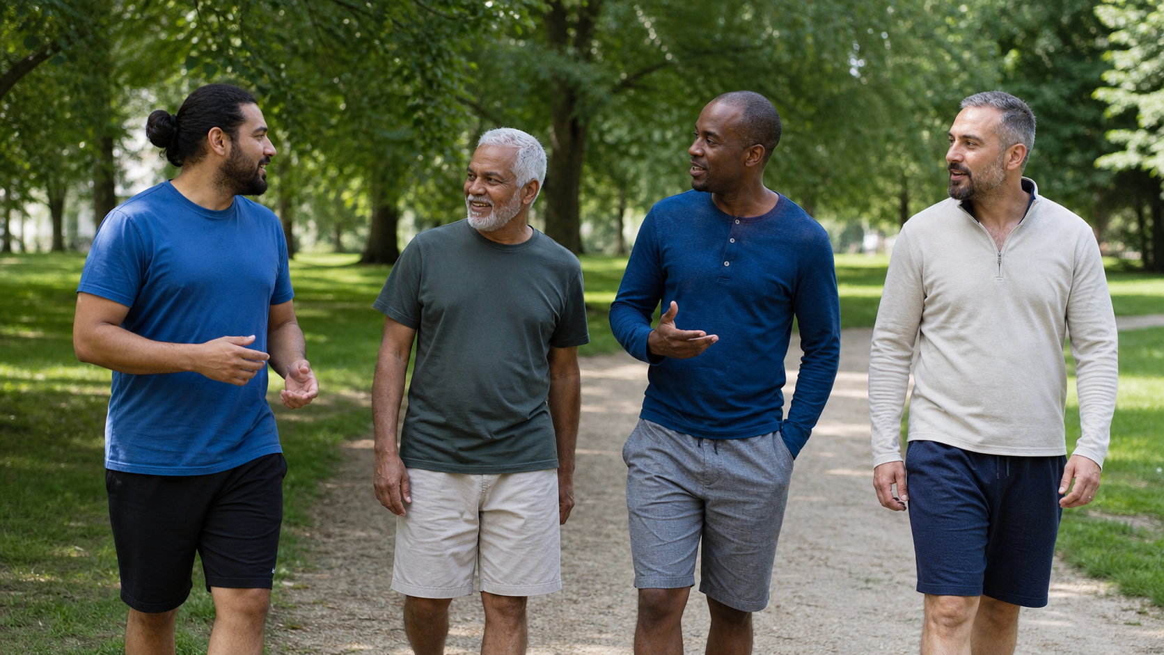 Men walking and talking in a green outdoor space
